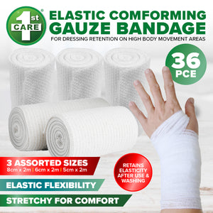 1st Care 36PCE Elastic Gauze Bandages 3 Sizes Re-Usable Washable Stretchy