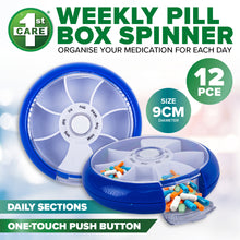 Load image into Gallery viewer, 1st Care 12PCE Weekly Rotating Push Button Spin Pill Box Compact 9cm
