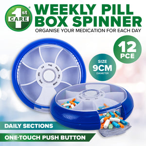 1st Care 12PCE Weekly Rotating Push Button Spin Pill Box Compact 9cm