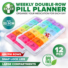 Load image into Gallery viewer, 1st Care 12PCE Weekly Pill Organiser Large AM/PM Compartments 11.5 x 22.5cm
