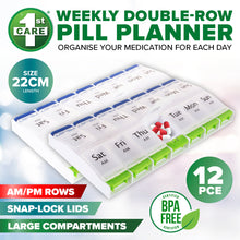 Charger l&#39;image dans la galerie, 1st Care 12PCE Weekly Pill Organiser Large AM/PM Compartments 11 x 22cm
